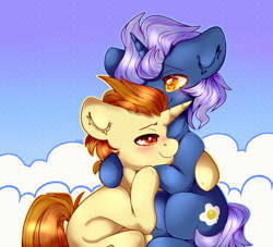 Size: 2200x2000 | Tagged: safe, artist:etoz, imported from derpibooru, golden crust, midnight snack (character), pony, unicorn, blushing, cloud, commission, cute, friendship student, gay, goldensnack, gradient background, happy, heart eyes, horn, hug, male, midnight snack (g4), shipping, smiling, stallion, wingding eyes