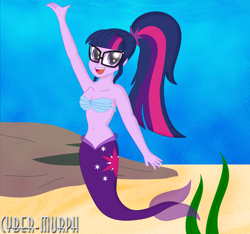 Size: 2204x2060 | Tagged: safe, artist:cyber-murph, imported from derpibooru, sci-twi, twilight sparkle, mermaid, series:cyber-murph's mermaids, equestria girls, adorkable, armpits, arms in the air, belly, belly button, bikini, bikini top, clothes, cute, dork, glasses, hands in the air, mermaidized, midriff, ponytail, seashell bra, shell bra, species swap, swimsuit, twiabetes, underwater