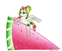 Size: 979x816 | Tagged: safe, artist:monsoonvisionz, imported from derpibooru, oc, oc only, oc:watermelana, pegasus, pony, crossed hooves, female, food, freckles, fruit, giant food, gift art, gradient hooves, looking at you, mare, prone, simple background, solo, transparent background, watermelon