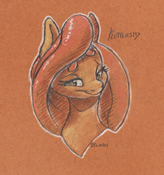 Size: 1880x1998 | Tagged: safe, artist:dilarus, deleted from derpibooru, imported from derpibooru, fluttershy, pegasus, pony, beanbrows, bust, colored, eyebrows, female, mare, smiling, solo, toned paper, traditional art