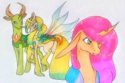 Size: 1024x679 | Tagged: safe, artist:oneiria-fylakas, imported from derpibooru, thorax, oc, oc:tina, oc:yma, ambryn, changedling, changeling, female, king thorax, traditional art