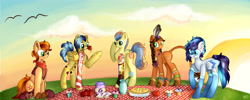 Size: 2559x6421 | Tagged: safe, artist:appleneedle, imported from derpibooru, oc, oc only, oc:benson, oc:sonic blast (ice1517), oc:sora seeds, oc:tala (ice1517), oc:wonder apple, bird, earth pony, hybrid, pegasus, pony, icey-verse, anklet, apple, bandana, bisony, boots, bracelet, bread, brother and sister, clothes, commission, cowboy boots, cupcake, ear piercing, earring, eyebrow piercing, feather, female, flower, food, half-siblings, headband, hill, jam, jewelry, magical gay spawn, male, mare, markings, multicolored hair, necklace, offspring, parent:braeburn, parent:little strongheart, parent:rainbow dash, parent:soarin', parents:braeheart, parents:soarburn, parents:soarindash, picnic, picnic blanket, pie, piercing, raised hoof, shoes, siblings, sitting, snake bites, stallion, sunset, tattoo, toffee apple, vase, vest, wall of tags, wristband