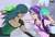 Size: 2520x1719 | Tagged: safe, artist:banquo0, imported from derpibooru, queen chrysalis, starlight glimmer, human, the ending of the end, anime, anime style, clothes, duo, fight, glowing hands, humanized, magic, necktie, starlight vs chrysalis
