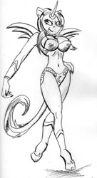 Size: 419x772 | Tagged: safe, artist:samoht-lion, imported from derpibooru, oc, oc only, oc:true dajanrys, alicorn, anthro, unguligrade anthro, alicorn oc, bikini, clothes, female, grin, hoof shoes, lineart, smiling, solo, swimsuit, traditional art, walking
