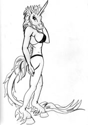 Size: 543x767 | Tagged: safe, artist:samoht-lion, imported from derpibooru, oc, oc only, oc:true dajanrys, anthro, unguligrade anthro, unicorn, bikini, clothes, female, hoof fluff, horn, leonine tail, lineart, solo, swimsuit, traditional art, unicorn oc