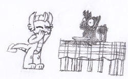 Size: 1227x766 | Tagged: safe, artist:tarkan809, imported from derpibooru, gallus, smolder, dragon, griffon, ash, burnt, cartoon physics, duo, funny, kfc, laughing, monochrome, revenge, traditional art