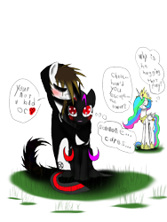 Size: 1200x1600 | Tagged: safe, artist:didun850, imported from derpibooru, princess celestia, oc, oc:chase, oc:darkness darkblade, alicorn, pony, angry, blushing, clothes, confused, cross-popping veins, dialogue, female, heart, hoodie, hoof shoes, hug, male, mare, oc x oc, shipping, simple background, stallion, thought bubble, transparent background