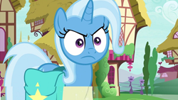 Size: 391x221 | Tagged: safe, imported from derpibooru, screencap, trixie, pony, student counsel, angry, angry eyes, cropped, glare, reaction image, trixie is not amused, unamused