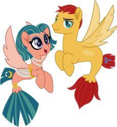 Size: 1837x2000 | Tagged: safe, artist:cloudy glow, artist:cloudyglow, deleted from derpibooru, edit, imported from derpibooru, flash magnus, somnambula, seapony (g4), female, fin wings, fins, jewelry, male, movie accurate, necklace, pearl necklace, seaponified, simple background, smiling, species swap, tail, transparent background, wings