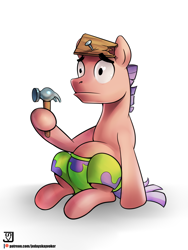 Size: 1500x2000 | Tagged: safe, artist:jedayskayvoker, imported from derpibooru, pony, clothes, crossover, fanart, hammer, male, my pretty seahorse, nickelodeon, patrick star, ponified, silly face, simple background, solo, spongebob squarepants, stallion, white background