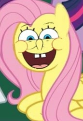 Size: 717x1045 | Tagged: safe, edit, imported from derpibooru, fluttershy, pony, cursed image, not salmon, spongebob squarepants, spongebob squarepants (character), wat, why