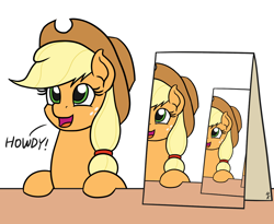 Size: 1100x900 | Tagged: safe, artist:mkogwheel edits, edit, imported from derpibooru, applejack, earth pony, pony, applejack's sign, cute, daaaaaaaaaaaw, dawwww, droste effect, female, howdy, jackabetes, leaning, looking up, mare, meme, open mouth, parody, recursion, sign, silly, silly pony, simple background, smiling, solo, table, weapons-grade cute, white background, who's a silly pony