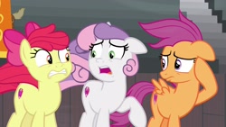 Size: 1920x1080 | Tagged: safe, imported from derpibooru, screencap, apple bloom, scootaloo, sweetie belle, pony, growing up is hard to do, cutie mark crusaders, older, windswept mane