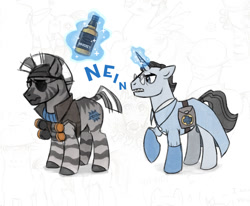 Size: 1261x1041 | Tagged: safe, artist:kessavel-art, imported from derpibooru, pony, unicorn, zebra, alcohol, demoman, medic, nein, ponified, team fortress 2, whiskey