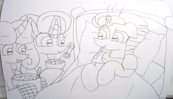 Size: 4937x2850 | Tagged: safe, artist:徐詩珮, imported from derpibooru, fizzlepop berrytwist, glitter drops, spring rain, tempest shadow, pony, unicorn, series:springshadowdrops diary, broken horn, female, glittershadow, horn, lesbian, lineart, mare, polyamory, shipping, sick, springdrops, springshadow, springshadowdrops, traditional art