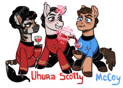 Size: 1000x719 | Tagged: safe, artist:kessavel-art, imported from derpibooru, pegasus, pony, unicorn, zebra, leonard mccoy, montgomery scott, nyota uhura, ponified, redshirt, star trek, star trek (tos)