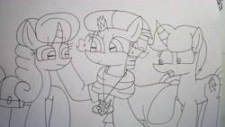 Size: 5312x2992 | Tagged: safe, artist:徐詩珮, imported from derpibooru, fizzlepop berrytwist, glitter drops, spring rain, tempest shadow, pony, unicorn, series:springshadowdrops diary, broken horn, clothes, female, glittershadow, horn, lesbian, lineart, mare, polyamory, scarf, shipping, springdrops, springshadow, springshadowdrops, traditional art