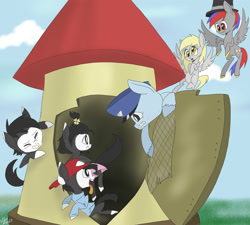 Size: 2000x1800 | Tagged: safe, artist:silbersternenlicht, imported from derpibooru, derpy hooves, pony, animaniacs, dot warner, ponified, ralph t. guard, wakko warner, water tower, yakko warner