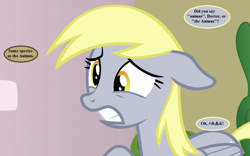 Size: 1152x720 | Tagged: safe, edit, edited screencap, imported from derpibooru, screencap, derpy hooves, pony, triple threat, censored vulgarity, cropped, dialogue, doctor who, floppy ears, grawlixes, implied doctor whooves, speech bubble, the web planet, uh oh