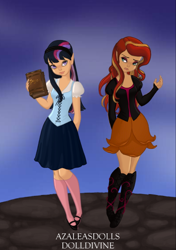 Size: 400x568 | Tagged: safe, artist:azaleasdolls, artist:wild-fire93, imported from derpibooru, sunset shimmer, twilight sparkle, alicorn, human, equestria girls, equestria girls (movie), barely eqg related, book, clothes, crossover, disney, disney style, dolldivine, jacket, pixie scene maker, shoes, twilight sparkle (alicorn)