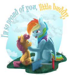 Size: 2410x2609 | Tagged: safe, artist:allyclaw, imported from derpibooru, rainbow dash, scootaloo, pegasus, pony, crusaders of the lost mark, dialogue, duo, female, looking at each other, scootalove, scooter, sitting, smiling, text