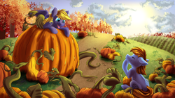 Size: 2400x1350 | Tagged: safe, artist:allyclaw, imported from derpibooru, oc, oc only, oc:ad, oc:cloud quake, earth pony, pegasus, pony, pumpkin, scenery, tree