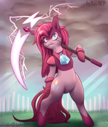 Size: 1920x2266 | Tagged: safe, artist:kelniferion, imported from derpibooru, pinkie pie, earth pony, gem pony, hybrid, pony, semi-anthro, spoiler:steven universe, bipedal, female, fusion, fusion:pinkie pie, fusion:spinel, gem, gem (race), gem fusion, gem rejuvenator, hybrid fusion, lightning, pinel, pinkamena diane pie, scythe, solo, spinel, spinel (steven universe), spoilers for another series, steven universe, steven universe: the movie, weapon