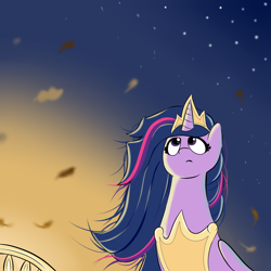 Size: 5000x5000 | Tagged: safe, artist:waffletheheadmare, imported from derpibooru, twilight sparkle, alicorn, pony, the last problem, eyelashes, female, horn, jewelry, leaves, mane, morning, older, older twilight, princess twilight 2.0, solo, stars, twilight sparkle (alicorn), wind, wings