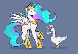 Size: 1437x1000 | Tagged: safe, artist:lostdreamm, imported from derpibooru, princess celestia, alicorn, bird, goose, pony, chest fluff, duo, fear, female, flapping wings, gray background, honk, jewelry, mare, motion lines, regalia, simple background, surprised, untitled goose game, wing flap