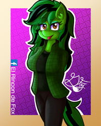 Size: 1000x1250 | Tagged: safe, artist:thedamneddarklyfox, imported from derpibooru, oc, oc only, oc:diamond green, anthro, pegasus, arm behind back, clothes, female, jacket, long hair, long mane, looking at you, pants, solo, tongue out