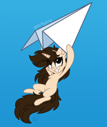 Size: 3312x3941 | Tagged: safe, artist:airfly-pony, imported from derpibooru, oc, oc only, oc:nastich karandasheva, pony, unicorn, blue background, flying, simple background, solo, telegram