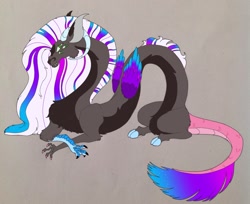 Size: 1867x1523 | Tagged: safe, artist:nightshade2004, imported from derpibooru, oc, oc only, oc:cassandra, draconequus, hybrid, draconequus oc, gray background, interspecies offspring, multiple eyes, offspring, parent:big macintosh, parent:discord, parent:eris, parents:erismac, simple background, solo