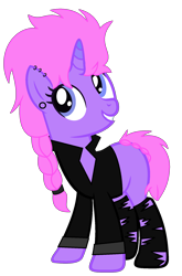 Size: 1249x1898 | Tagged: safe, artist:celestial-rue0w0, artist:pegasski, artist:rukemon, imported from derpibooru, oc, oc only, oc:murder punk, pony, unicorn, base used, blank flank, clothes, ear piercing, earring, female, jacket, jewelry, leather jacket, mare, piercing, simple background, socks, solo, stockings, thigh highs, torn clothes, transparent background