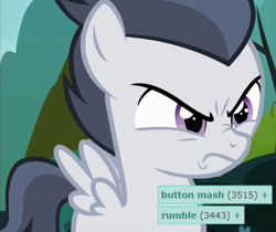 Size: 876x736 | Tagged: safe, edit, edited screencap, imported from derpibooru, screencap, button mash, rumble, pegasus, pony, derpibooru, marks and recreation, angry, colt, comparison, cropped, male, meta, op is a duck, rumble is not amused, solo, tags