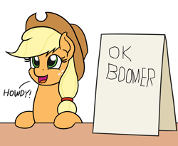 Size: 1100x900 | Tagged: safe, artist:mkogwheel edits, edit, editor:chancemccoy, imported from derpibooru, applejack, earth pony, pony, applejack's hat, applejack's sign, boomer, cowboy hat, female, hat, howdy, mare, meme, meta, ok boomer, sign, solo, text