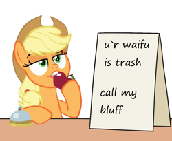 Size: 1100x900 | Tagged: safe, artist:mkogwheel edits, edit, imported from derpibooru, applejack, earth pony, pony, apple, applejack's hat, applejack's sign, bait, bronybait, comment bait, cowboy hat, cute, female, food, hat, honesty, howdy, mare, meme, sign, solo