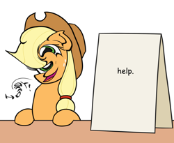 Size: 1100x900 | Tagged: safe, artist:mkogwheel edits, edit, imported from derpibooru, applejack, earth pony, pony, applejack's hat, applejack's sign, cowboy hat, cute, distorted, female, hat, help, howdy, mare, meme, not salmon, sign, solo, wat