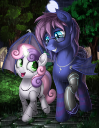 Size: 2100x2700 | Tagged: safe, artist:awalex, imported from derpibooru, sweetie belle, oc, oc:bitmaker, bat pony, pony, robot, robot pony, unicorn, amputee, bat pony oc, cobblestone street, cross necklace, crucifix, cute, diasweetes, evening, female, filly, glasses, glow, glowing, glowing eyes, glowing horn, grin, horn, jewelry, lidded eyes, magic, magic aura, male, missing cutie mark, moon, necklace, open mouth, prosthetic limb, prosthetics, rain, raised hoof, raised leg, smiling, spread wings, stallion, sweetie bot, wing umbrella, wings