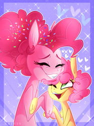 Size: 899x1200 | Tagged: safe, artist:motger-mor, artist:raresse, imported from derpibooru, li'l cheese, pinkie pie, earth pony, pony, the last problem, eyes closed, female, filly, happy, mother and daughter, older, older pinkie pie, smiling, wingding eyes