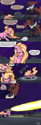 Size: 1500x4500 | Tagged: safe, artist:greyscaleart, imported from derpibooru, luster dawn, oc, oc:sombrysalis, changepony, hybrid, pony, unicorn, comic, dialogue, duo, ethereal mane, gun, railgun, speech bubble, vulgar, weapon