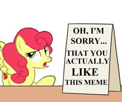 Size: 1078x900 | Tagged: safe, artist:mkogwheel edits, edit, imported from derpibooru, strawberry sunrise, pegasus, applejack's sign, cutie mark, don't take it seriously, open mouth, raised hoof, rude, strawberry savage, take that