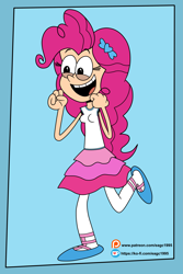 Size: 2449x3665 | Tagged: safe, artist:eagc7, imported from derpibooru, pinkie pie, equestria girls, clothes, cute, female, happy, ko-fi, miniskirt, open mouth, pantyhose, patreon, sandals, shoes, simple background, skirt, solo, style emulation, the loud house