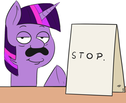 Size: 1100x900 | Tagged: safe, artist:freehdmcgee, artist:mkogwheel edits, edit, imported from derpibooru, twilight sparkle, pony, unicorn, applejack's sign, cleveland brown, female, horn, meme, pointing, sign, solo, stop, table