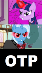 Size: 1448x2456 | Tagged: safe, edit, imported from derpibooru, trixie, twilight sparkle, pony, magic duel, alicorn amulet, female, lesbian, meme, otp, shipping, twixie