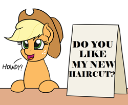 Size: 1100x900 | Tagged: safe, artist:mkogwheel edits, edit, imported from derpibooru, applejack, applejack's hat, applejack's sign, cowboy hat, haircut, hat, howdy, meme, question, text