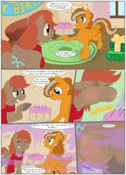 Size: 1800x2496 | Tagged: safe, artist:necrofeline, imported from derpibooru, oc, oc only, oc:slam tilt, oc:winterlight, pegasus, pony, comic:birthday balloons, air inflation, belly, belly blush, big belly, birthday, cake, comic, dialogue, duo, duo male, food, growth, inflation, magic inflation, male, onomatopoeia, sound effects, stallion