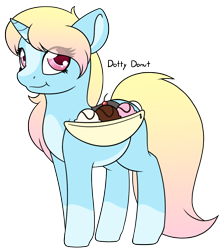 Size: 1172x1320 | Tagged: safe, artist:mynder, imported from derpibooru, oc, oc:dotty donut, pony, unicorn, banana, banana split, blaze (coat marking), cherry, coat markings, crack ship offspring, cute, facial markings, female, filly, food, ice cream, looking at you, markings, multicolored hair, offspring, pale belly, saddle bag, smiling, socks (coat marking), socks (coat markings), solo