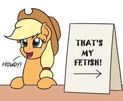 Size: 1100x900 | Tagged: safe, artist:mkogwheel edits, edit, imported from derpibooru, applejack, pony, derpibooru, applejack's hat, applejack's sign, arrow, cowboy hat, fetish, hat, howdy, juxtaposition, meme, meta, that is my fetish