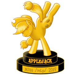 Size: 2700x2700 | Tagged: safe, artist:mkogwheel, imported from derpibooru, applejack, earth pony, pony, /mlp/, applejack is the best pony, bucking, female, gold, golden, miss /mlp/, miss /mlp/ 2019, solo, trophy