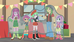 Size: 1600x900 | Tagged: safe, imported from derpibooru, screencap, cheerilee, drama letter, sandalwood, scootaloo, sweetie belle, watermelody, equestria girls, equestria girls series, holidays unwrapped, spoiler:eqg series (season 2), banner, boots, cardboard cutout, eqg promo pose set, fake, gift box, high heel boots, net, present, shoes, table, window